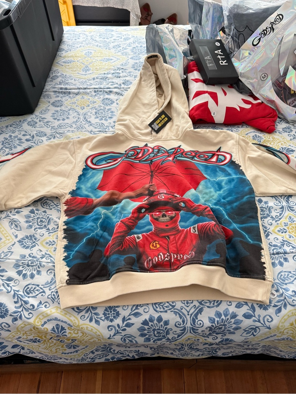 Godspeed Cream Graphic Hoodie with Red & Blue Skull Racing Print